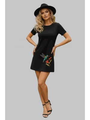 Marbella Şık Çiçek Desenli A-Line Yuvarlak Yaka Beli Sıkı Elbise