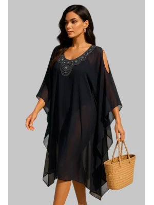 Meralda İhtal Yaka İşlemeli Standart Beden Şifon Kimono