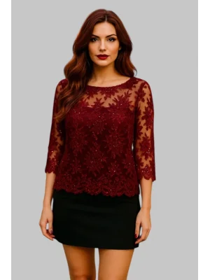 Micheal lora Tül Dantel Detay İthal Boncuk İşlemeli Tasarım Bluz