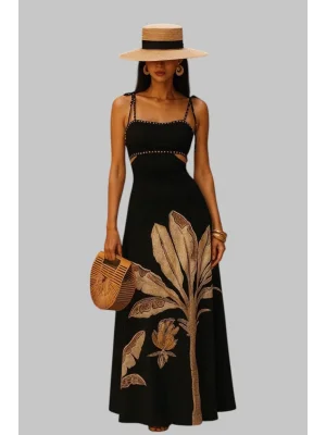 Monalisa Altın Çiçek Desenli Rahat Askısız Dizaynli Şık Omuz Açık Maxi Elbise