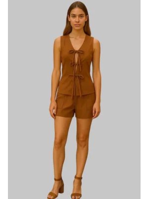 Monalisa İkili Keten Şortlu Takım Çift Cepli Kolsuz Bağlamalı Tasarım W 2026