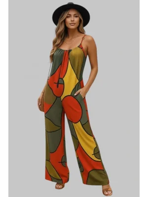 Olgam Çiçek Dsenli Spagetti Askılı Tulum, Bahar ve Yaz İçin Şık Kolsuz Geniş Bacaklı Tulum