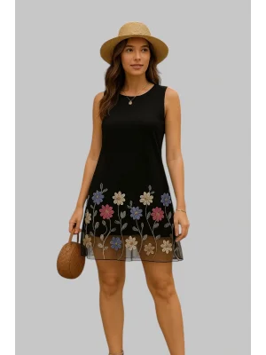 Pamela Şık Kolsuz Çiçek Nakışlı File Örtü Elbise A-Line