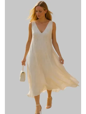 Pamela Yakma Şifon Kolsuz V Yaka Trend Elbise