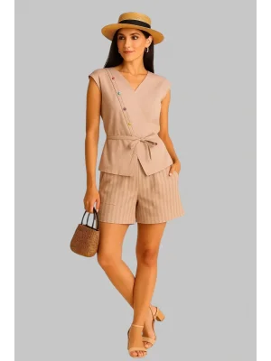 Porsche İthal Keten Boncuk İşlemeli Bağlamalı Şortlu Takım