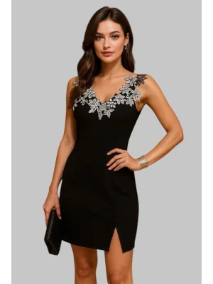 Rebecca Omuz Detayli V Yaka Elbise, ilkbahar ve Yaz için Rahat Kolsuz Dar Kesim Elbise, Parti Kiyafeti Kadin Giyim