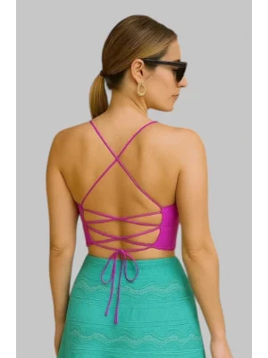 Regata Krep kumaş astarlı Fuşya ip askılı sırt detay krep kısa boy 40 cm