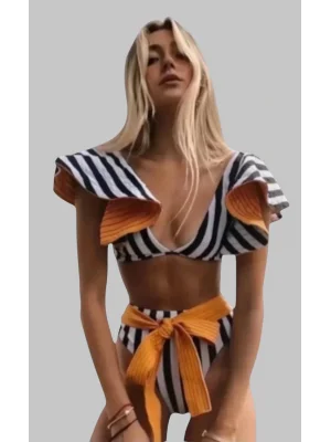 Samenta Şerit Baskılı Bağcıklı Yüksek Bel 2 Parça Bikini Takım