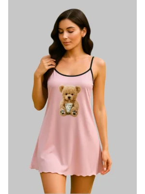 Şık Baskılı Pembe Kadın Kolsuz Gecelik