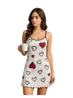 Şık Kalp Desenli Rahat Fırfırlı Pijama Elbise Trend