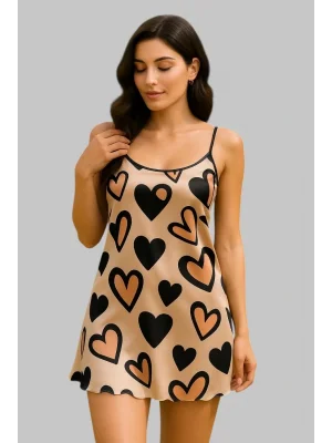 Şık Kalp Desenli Spagetti Askılı Gece Elbisesi