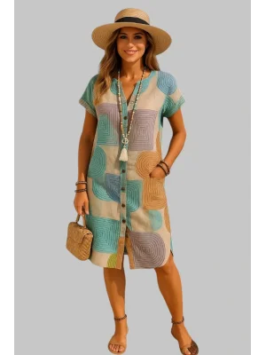 Şık V Yaka Batwing Kollu Geometrik Desenli Beli Sıkı Kesim Trend Elbise