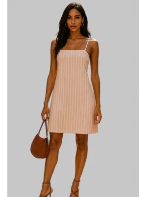 Sonya Çizgili İthal Keten Askılı Elbise