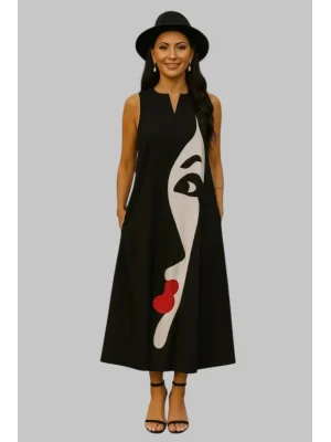 Sonya Figür Yüz Baskılı Elbise Rahat V yaka Kolsuz Mavi Elbise