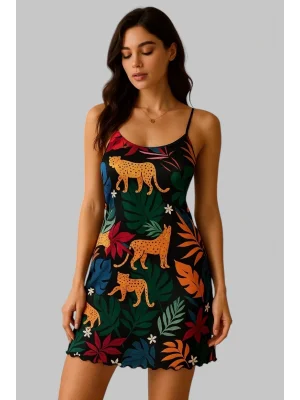 Tropikal Ve Leopar Desenli Olgun Şık Kadın Gece Elbisesi Trend Spagetti