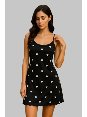 Tümü Kalp Desenli Rahat Fırfırlı Gece Elbisesi