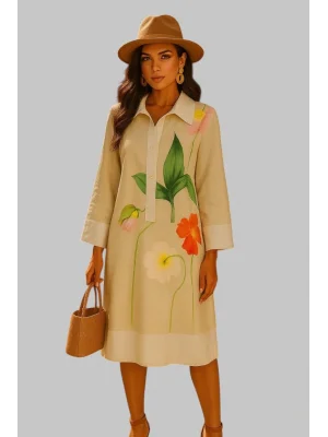 Uzun Kollu Çiçek Desenli Gömlek Elbise Trend France