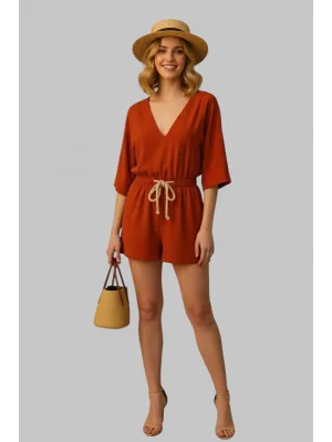 Vermont Oranj rengi v yaka turvakar kollu astarsızdır çift cepli regular şortlu organik keten beli lastikli kuşaklı ikili takı
