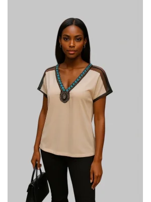 Wanda Omuz Tül Detay İthal Yaka Krep Bluz