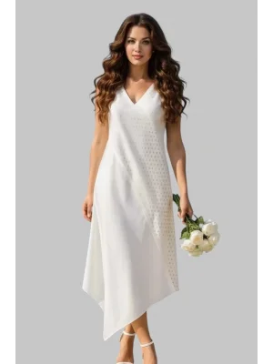 White Asimetrik Lazer Kesim Tasarım Elbise