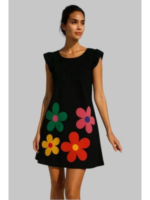 Yulia Şık Çiçek Desenli Siyah Yuvarlak Yaka Siyah Renkli Elbise