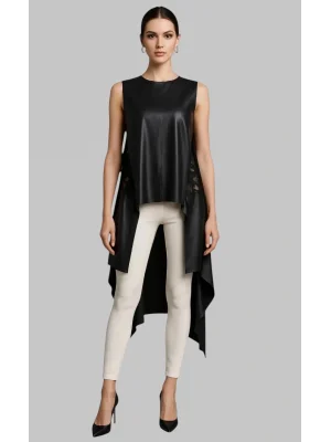 Zagata Asimetrik Dantel Detay Suni Deri Bluzan