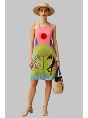 Zebra Desenli Şık Omuz Üstü Güneş ve At İllüstrasyonu Trend Oynak Elbise