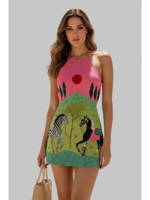 Zebra Desenli Şık Omuz Üstü Güneş ve At İllüstrasyonu Trend Oynak Elbise