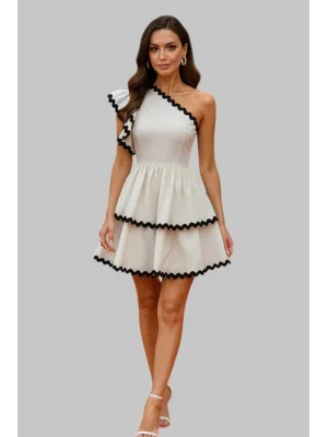 Zeta Tek Omuz A Kesim Dantel Süslemeli Elbise Beyaz & Siyah Kontrast