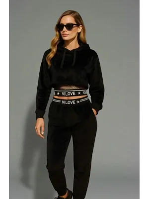 Zetna File Detay Kapüşonlu Kadife Eşofman Takım