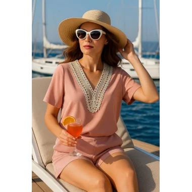 Sabina Krep Viskon İkili Şortlu Takım Yaka Detaylı Trend