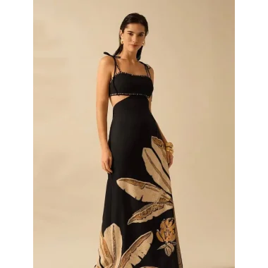 Monalisa Altın Çiçek Desenli Rahat Askısız Dizaynli Şık Omuz Açık Maxi Elbise