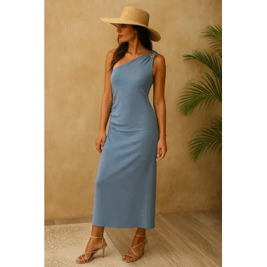 Aerobin Keten Tek Omuzlu Aksesuar Ve Büzgü Detay Tasarım Elbise