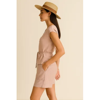 Porsche İthal Keten Boncuk İşlemeli Bağlamalı Şortlu Takım