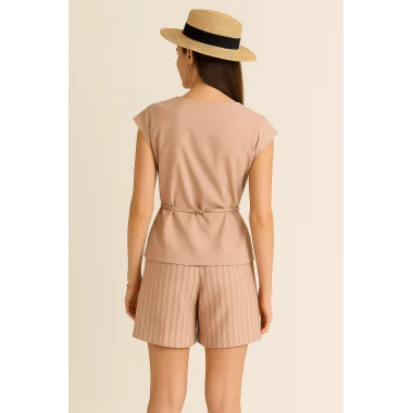 Porsche İthal Keten Boncuk İşlemeli Bağlamalı Şortlu Takım