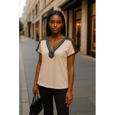 Wanda Omuz Tül Detay İthal Yaka Krep Bluz