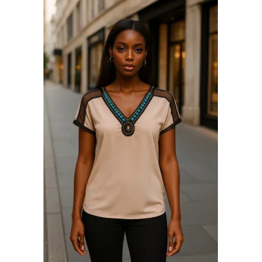 Wanda Omuz Tül Detay İthal Yaka Krep Bluz