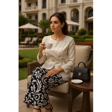 Adriana İhtal Keten Kruvaze Düğme Ve Toka Detay İkili Pantolon Takım