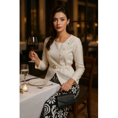 Adriana İhtal Keten Kruvaze Düğme Ve Toka Detay İkili Pantolon Takım