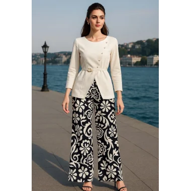 Adriana İhtal Keten Kruvaze Düğme Ve Toka Detay İkili Pantolon Takım