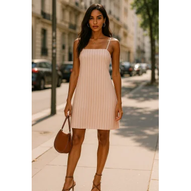 Sonya Çizgili İthal Keten Askılı Elbise