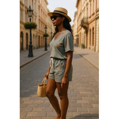 Aden İndigo Şortlu Keten İkili Takım