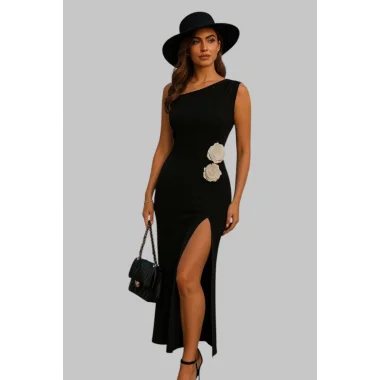 Anastasia Zarif Omzu Açık 3D Çiçek Vurguları Yüksek-Düşük Etek Ve Yan Yarıklı Partiler Düğünler Tatiller İçin Mükemmel