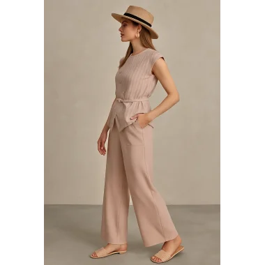 Bentley İthal Keten Çizgi Kombin Boncuk İşlemeli İkili Pantolon Tasarım Takım