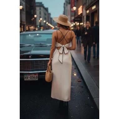 Dora Beyaz Askılı Sırt Bağlama Detay Uzun Yırtmaçlı Örme Likralı Elbise Tasarım W 2026