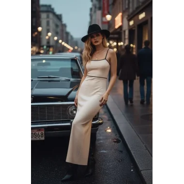 Dora Beyaz Askılı Sırt Bağlama Detay Uzun Yırtmaçlı Örme Likralı Elbise Tasarım W 2026