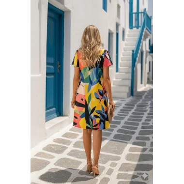 Emily Şık Yuvarlak Yaka Kısa Kol Geometrik Desen Trend Elbise