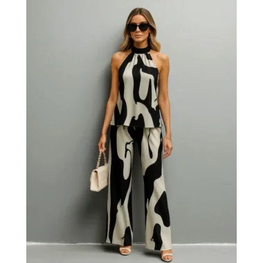 Gloria Şık ve Zarif Tatil Baskılı Bağcıklı Yeleksiz Uzun Pantolon