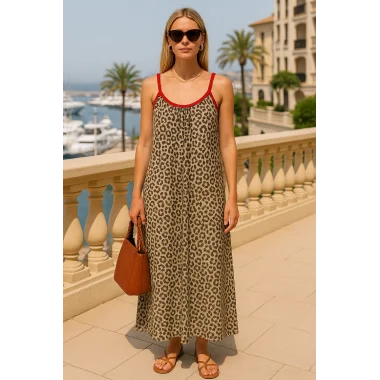 İsabel Leopar Örme Askılı Şifon Elbise