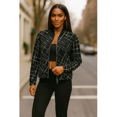 Lora Siyah Beyaz Fermuarlı Bomber Ceket